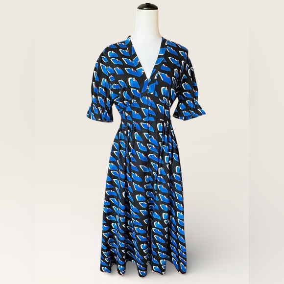 DIANE VON FURSTENBERG Erica Dress Black Blue Abstract Short Sleeve Womens 12